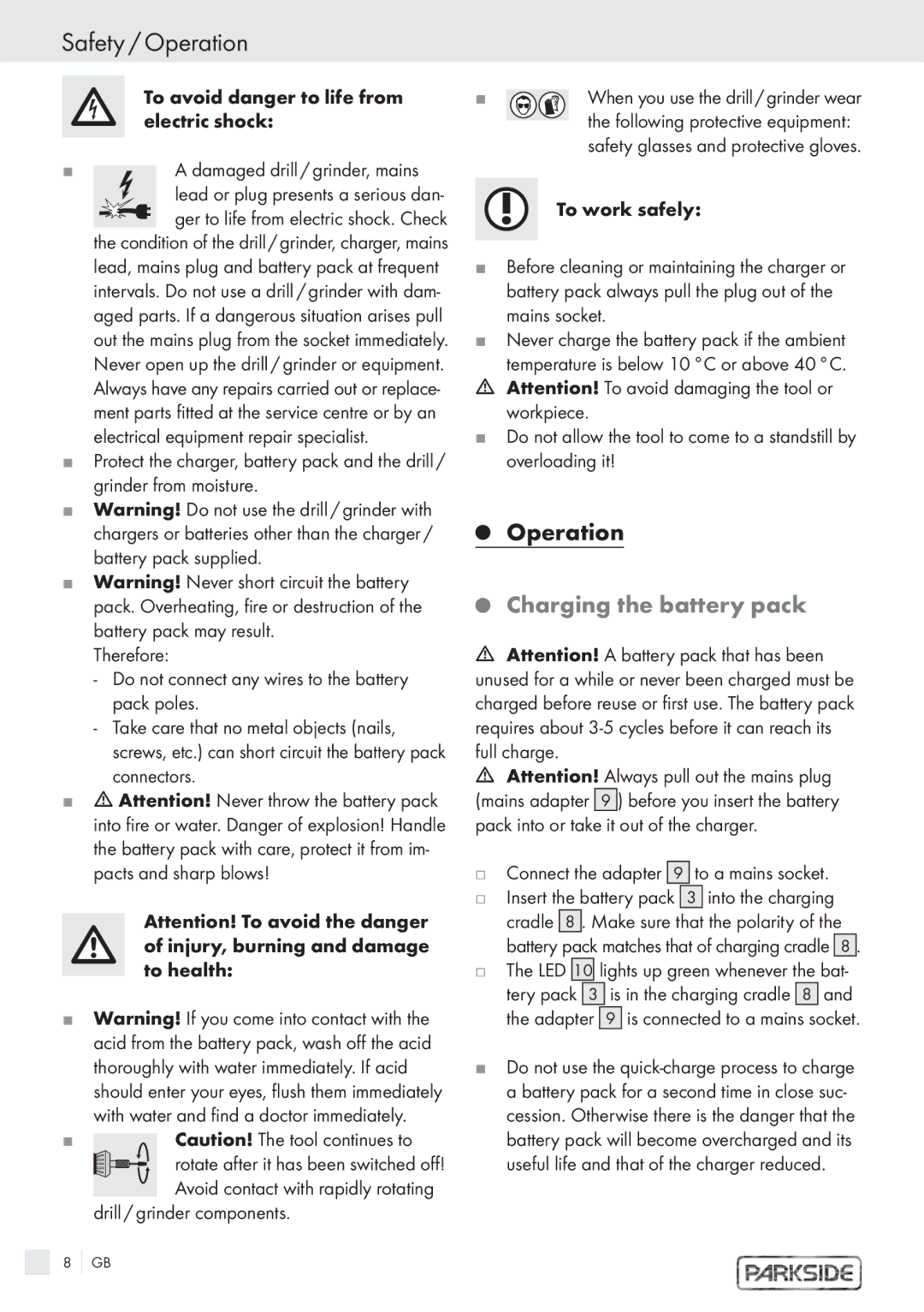 Kompernass PFBS 9.6V manual Safety / Operation, Charging the battery pack, Drill / grinder components 